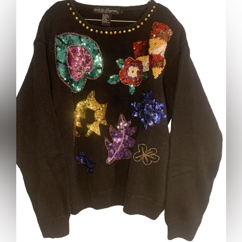 Vtg Work in Progress By Gladys Bagley Black Sequin‎ Embellished Sweater Large